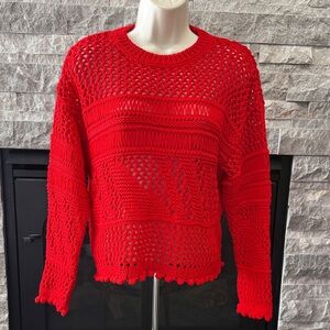 Zara Red Open Knit Crewneck Sweater